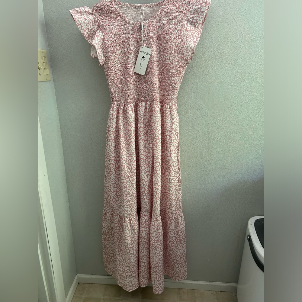 Soft pink with white flower pattern, maxi dress.